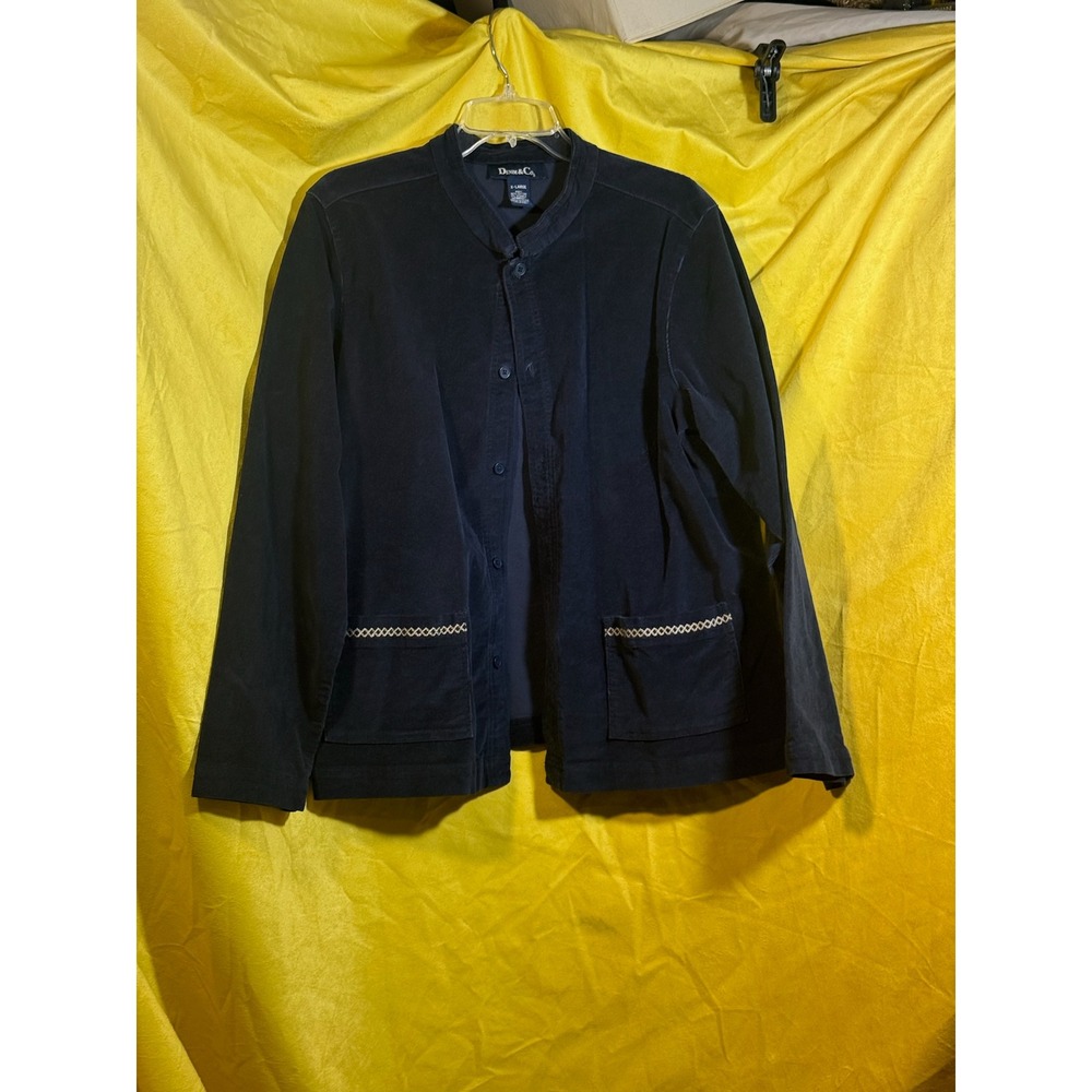 Denim & Co Womens XL Navy Blue Corduroy Button Front Mandarin Collar Jacket
